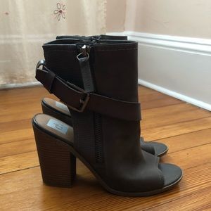 Olive platform peep toe booties
